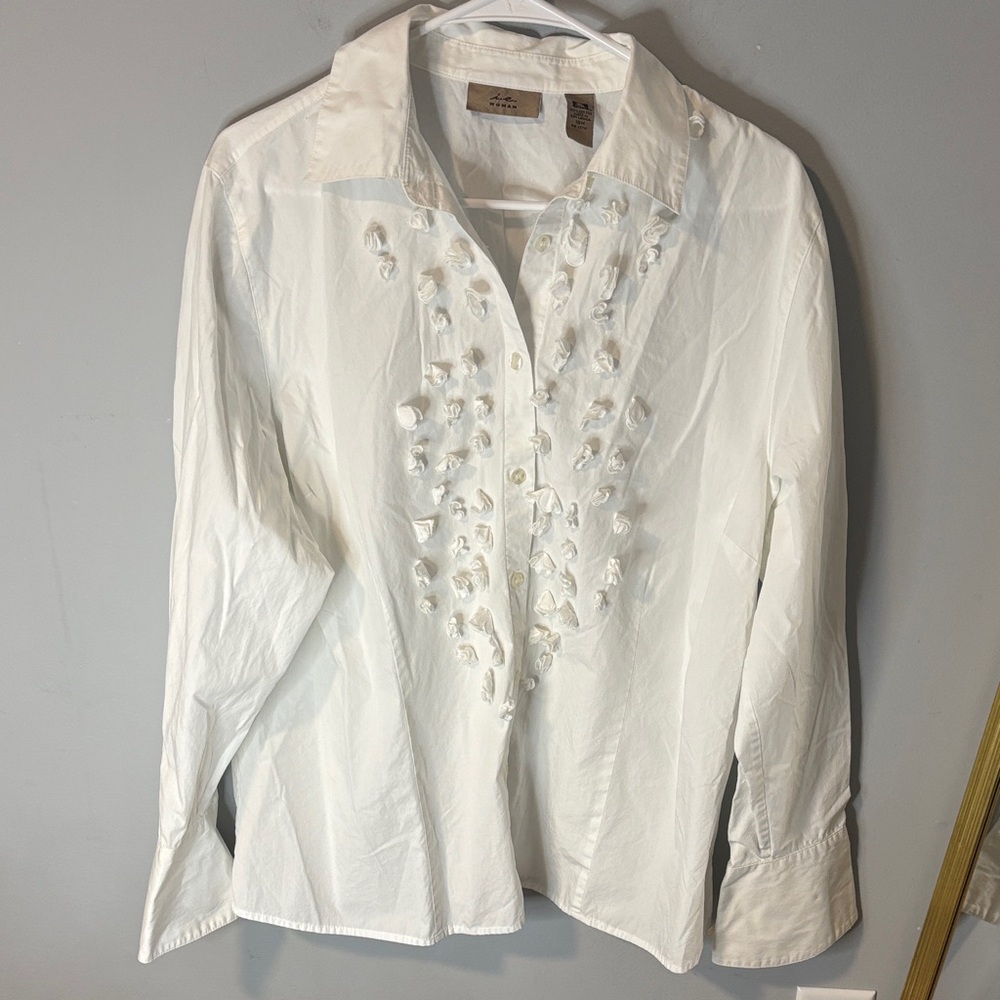 Elegant White Button Down Shirt with Embellishments business casual Cottagecore